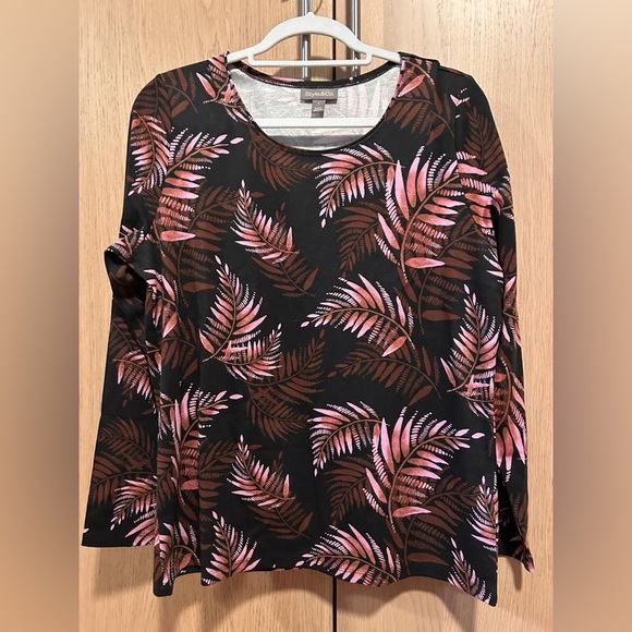 Style & Co. Black and Pink Fern Print Long Sleeve shirt cotton NWT petite medium - Picture 2 of 4